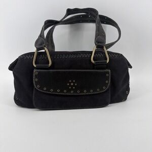 VTG Sag Harbor Faux Suede Black Satchel Shoulder Bag Y2K Style Studded Detail